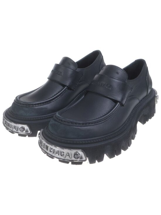 Balenciaga Tractor Loafer Distressed Leather Shoes with Loafers Plate Black